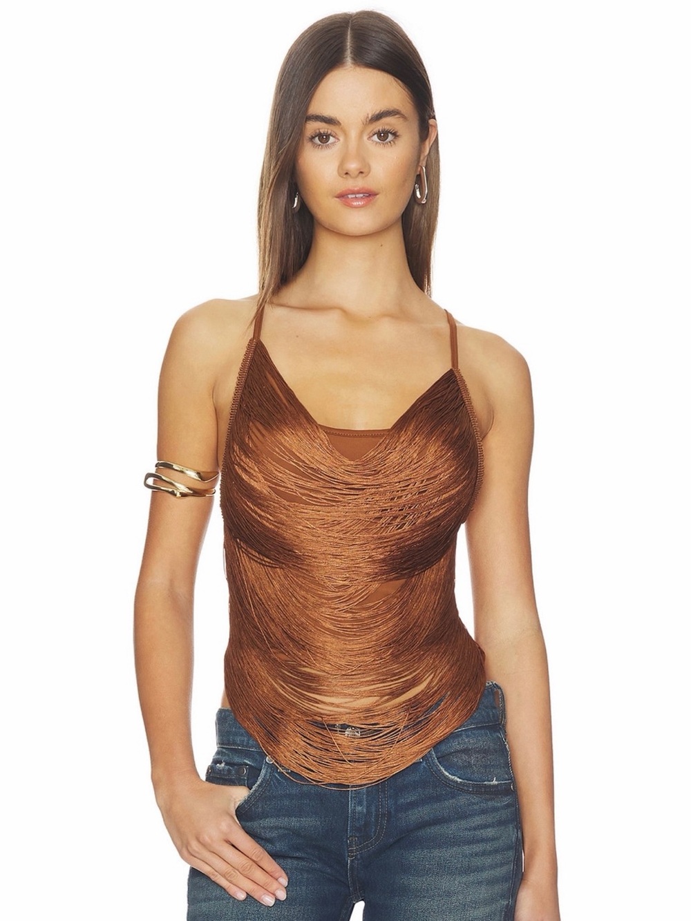 Superdown Revolve Katalia Brown Draped Fringed Halter Crop Top Size Small NWT